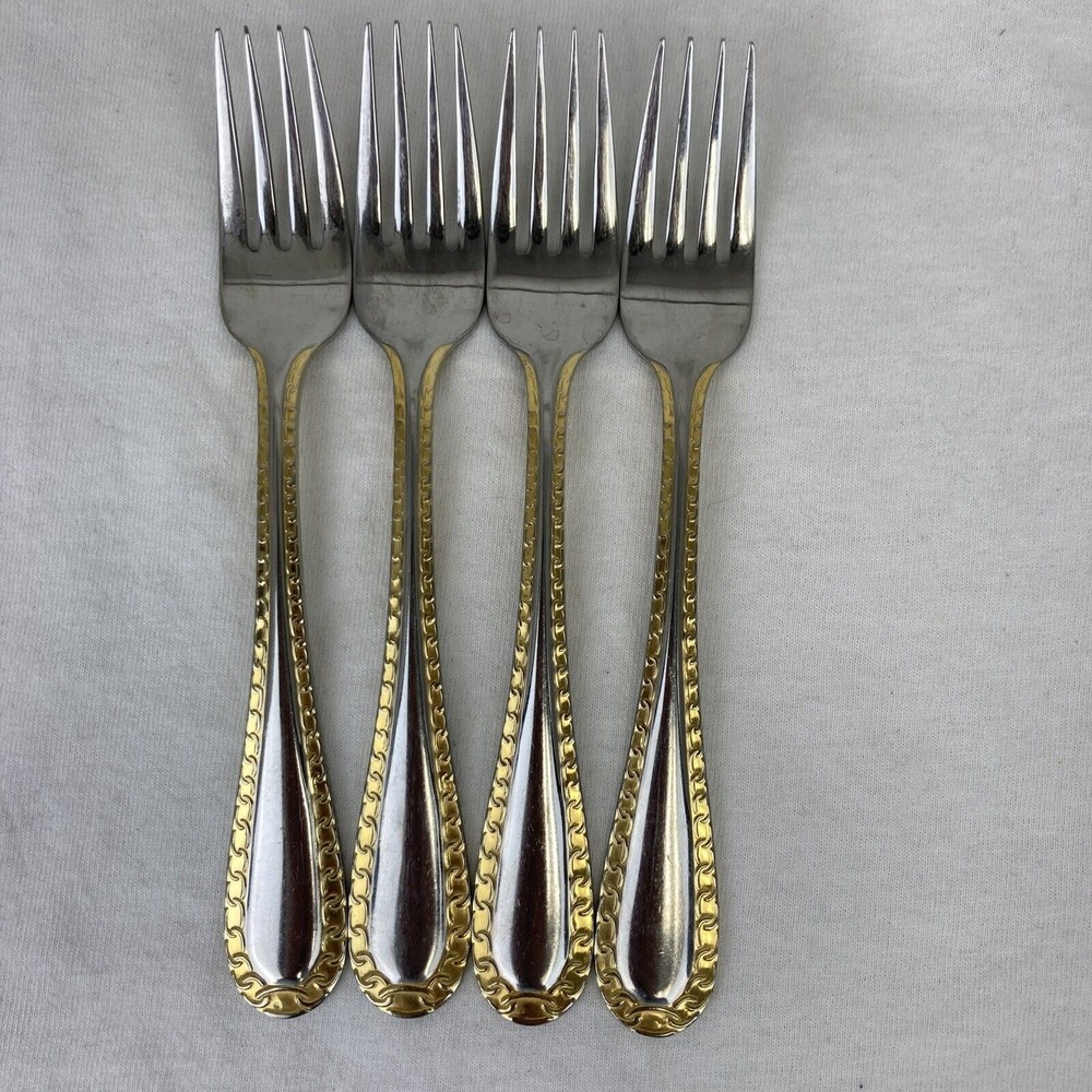 4 Retroneu GOLD ACCENT Chain 7” 18/8 Korea Stainless Dessert￼ Fork Good Quality